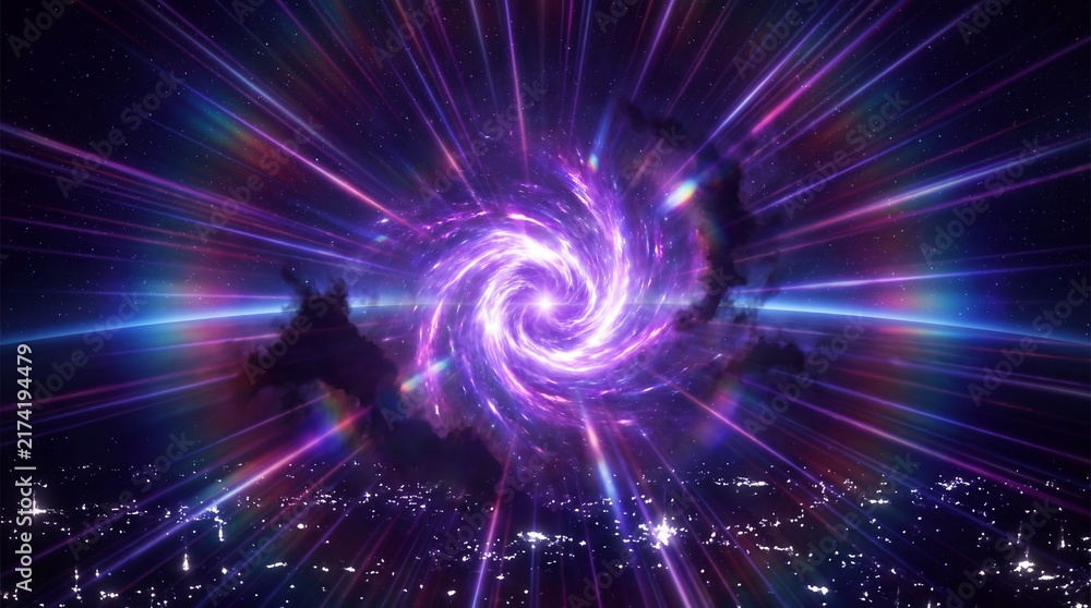 Fototapeta premium A vibrant purple and blue light radiates from a glowing orb in a dark starry night sky