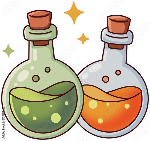Foto Halloween magic potion bottles with green and orange bubbling liquid, fantasy al