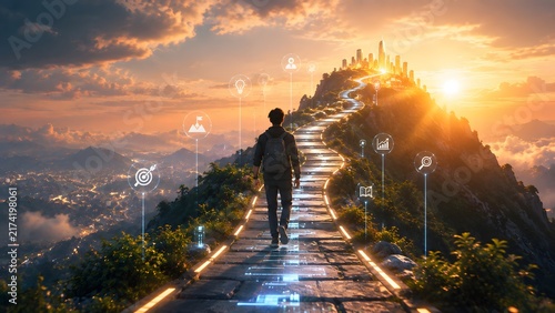 Career growth business strategy concept man walking on illuminated mountain path with floating digital icons