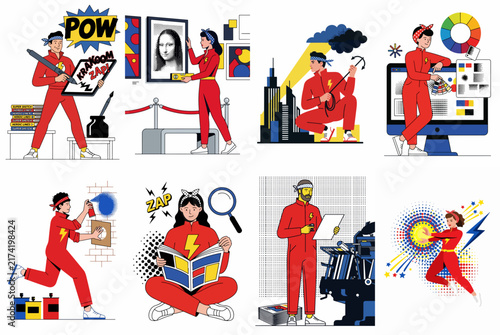 Foto Collection of creative illustrations featuring people in red jumpsuits engaged in art, design, comic book creation, and technical work