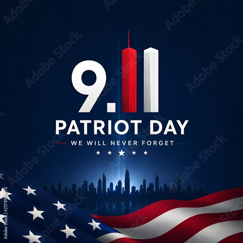 Quadro su tela A solemn Patriot Day graphic featuring the Twin Towers silhouette, American flag, and the text We Will Never Forget, honoring the victims of September 11