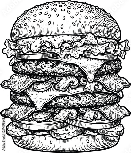 Vintage hand drawn giant burger vector illustration with double beef patties, melted cheese, mushrooms, sesame bun design