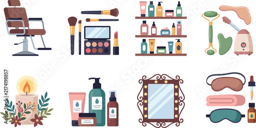 Beauty Salon and Spa Illustration Collection with Makeup Skincare and Wellness Items