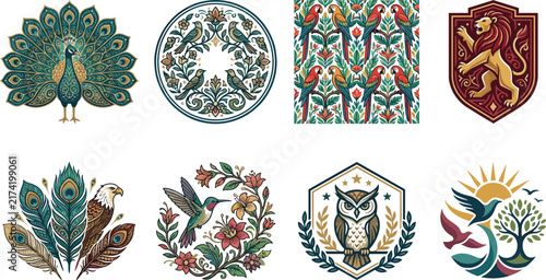 Decorative Bird Emblem Collection with Peacock Owl Hummingbird and Floral Patterns