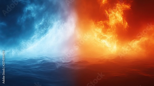 Contrasting fire and ice with fog and light rays blue