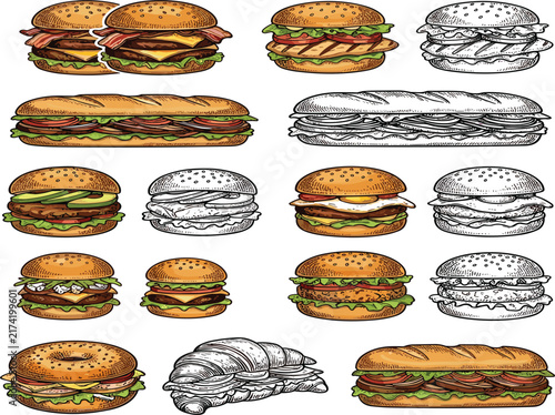 Vintage engraved fast food burgers, retro style hand drawn hamburgers, sketchy sandwich and sub collection