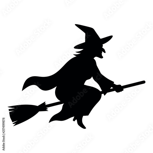 Obraz na płótnie A witch flying on a broomstick Black and white vector silhouette