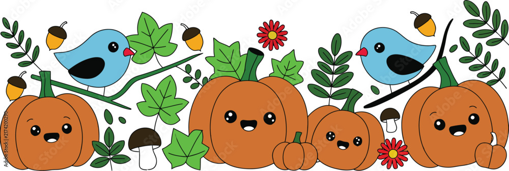 Obraz premium Cute autumn horizontal border set featuring cartoon pumpkins blue birds acorns and leaves isolated on white background vector illustration.