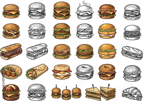 Vintage engraved fast food burgers, retro style hand drawn hamburgers, sketchy sandwich and burrito collection
