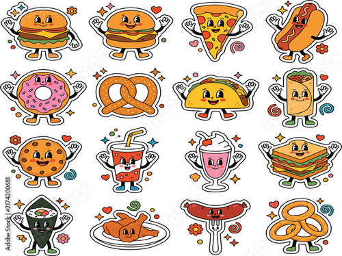 Retro funny fast food characters set, vintage cartoon snack stickers, cute smiling meal elements collection