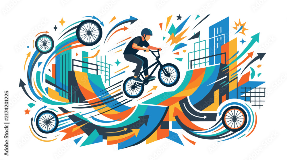 Obraz premium A BMX rider performing an aerial trick on a bicycle in an energetic urban setting.
