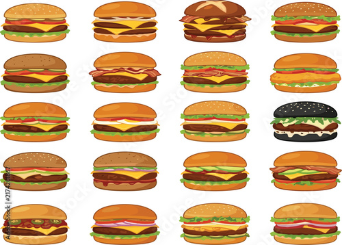 Set of delicious fast food burgers, various gourmet hamburger icons, tasty cheeseburger illustrations collection