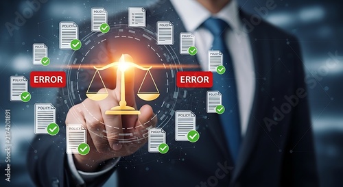 Businessman interacting with virtual balance scale graphic and legal document icons representing error review