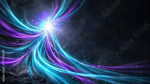 Vibrant streaks of teal and violet energy explode outward from a central bright light, set against a dark, smoky backdrop