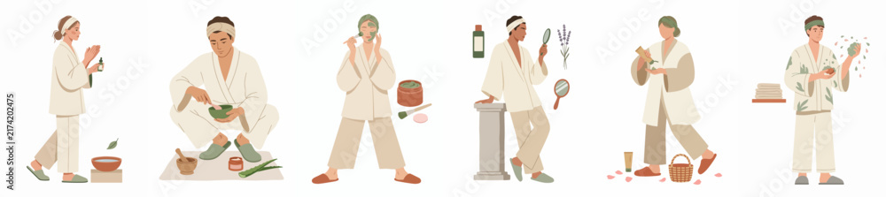 Fototapeta premium Collection of diverse characters in bathrobes practicing self-care and beauty routines with natural products, flat minimalist illustration.