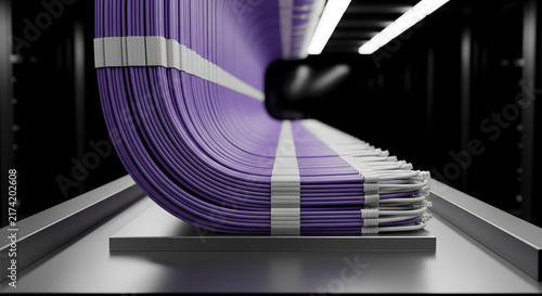 A neat stack of purple fiber optic cables inside a data center server rack.