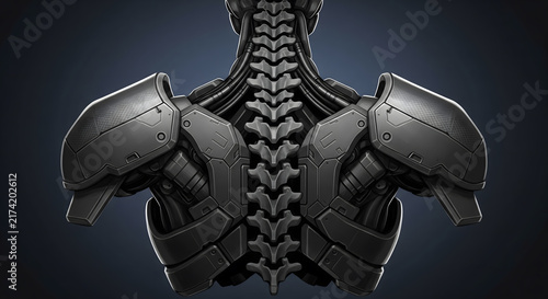 Close-up rear view of a humanoid robot's metallic spine and armor plating.