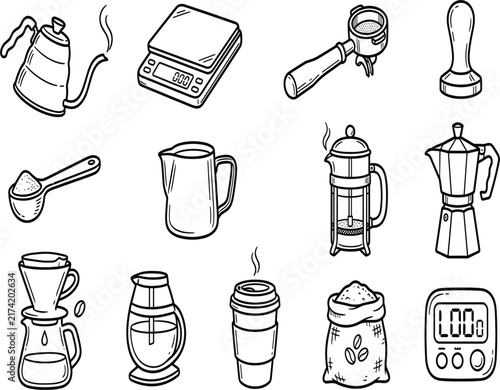 Hand drawn coffee maker icons set with kettle, scale, portafilter, tamper, and brew tools vector illustration