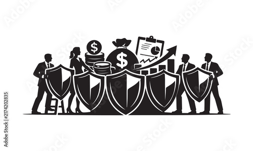 Business professionals building a shield wall 