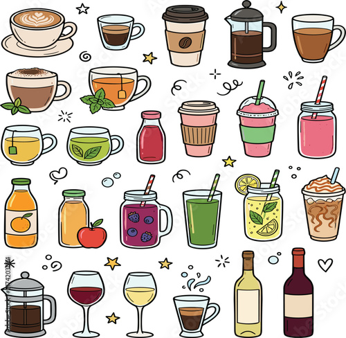 Hand drawn beverage assortment featuring coffee tea smoothies juices wine cocktails and colorful cafe drinks in doodle style