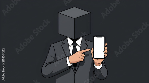 Obraz na płótnie Faceless cube-headed businessman pointing to a smartphone screen