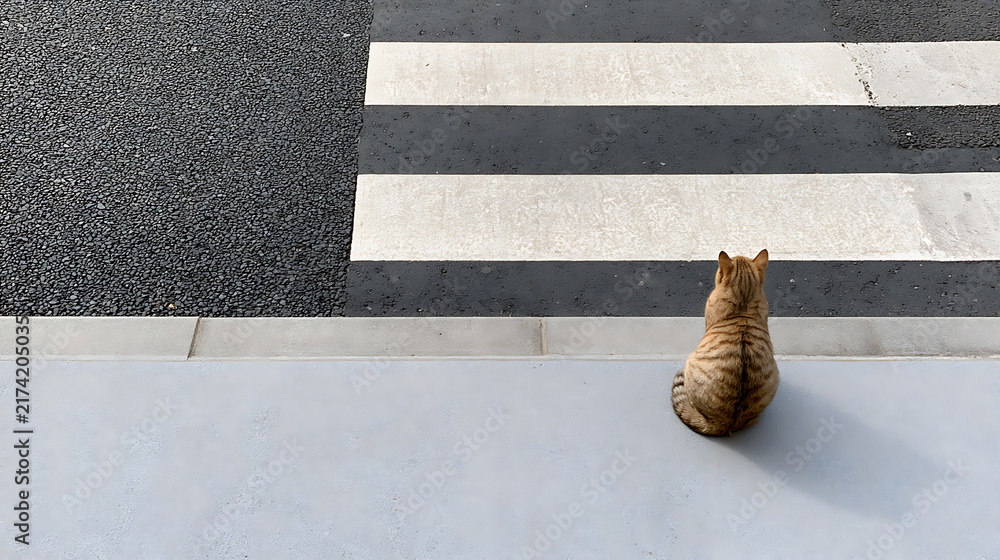 Fototapeta premium A lonely stray cat, Felis catus, sitting on a sidewalk and wait to cross a zebra pedestrian crosswalk in an urban street city road