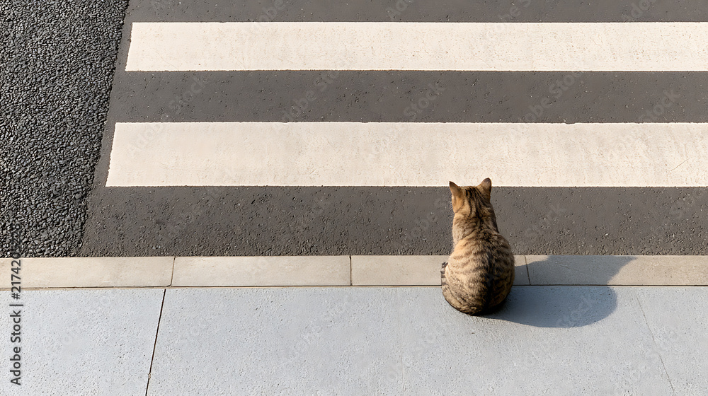 Fototapeta premium A stray domestic cat Felis catus sit on sidewalk near pedestrian crosswalk urban street asphalt road safety wait street traffic concept