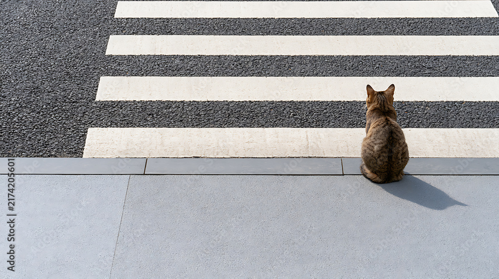 Fototapeta premium A stray cat, Felis catus, sitting patiently at a city street pedestrian crosswalk and zebra crossing, waiting to safely cross the road