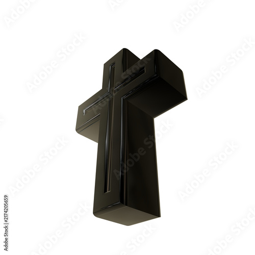 Black glossy three dimensional Christian cross symbol standing at an angle with reflective metallic surfaces representing faith, religion, spirituality, and hope