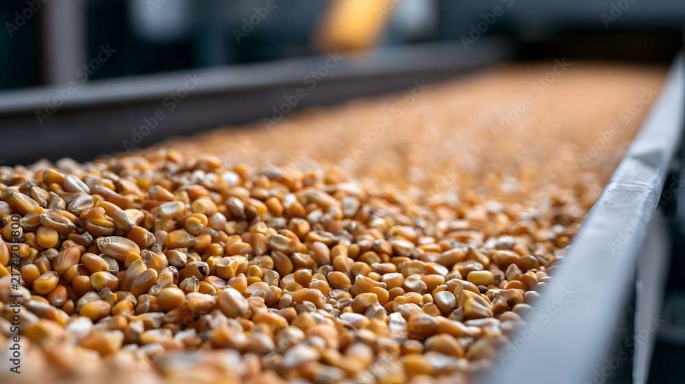 Obraz premium Close up of golden corn kernels flowing on a metal conveyor belt in an industrial processing facility