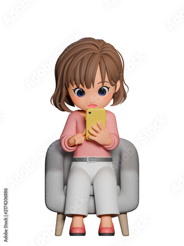 Tapety artystyczne 3D CG｜椅子に座ってスマートフォンを見ている若い女性