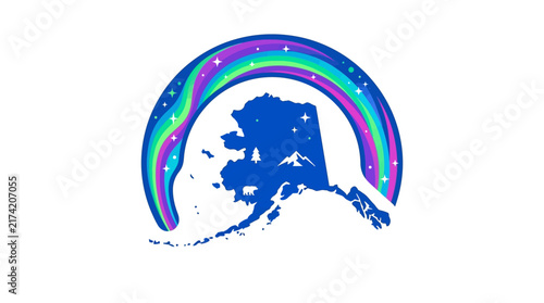 Alaska map silhouette with aurora borealis and starry night sky design.