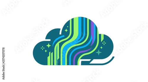 Stylized cloud icon with vibrant flowing aurora borealis lines and glowing stars.