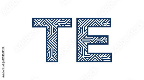 Letters T and E with a blue circuit board pattern texture.