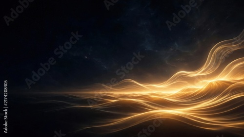 Luminous golden waves surge across a dark, cosmic landscape under a starry sky
