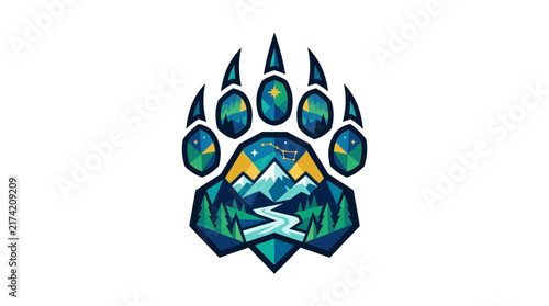 Stylized bear paw print containing a mountain landscape with river and forest.