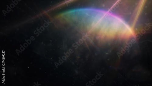 Ethereal, glowing rainbow arcs and lens flares shimmer across a dark, hazy background, hinting at celestial phenomena