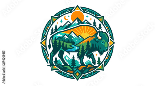 Stylized Bison Illustration with Mountain Landscape and Sun within a Decorative Circular Frame.