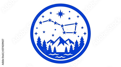 Blue circular badge featuring the Big Dipper constellation over mountains and forest.
