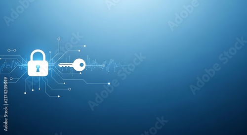 White padlock and key icons with circuit board patterns on a blue gradient background padlock icon background security