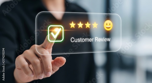 Customer review rating interface with four gold stars and checkmark symbol being touched on digital screen