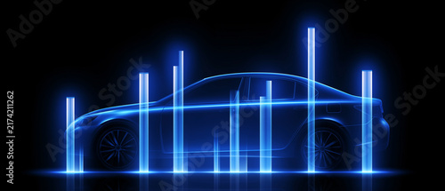 Futuristic Car Blueprint: A sleek, futuristic car design rendered in glowing neon blue lines, set against a dark backdrop, symbolizing innovation and advanced technology in automotive engineering.