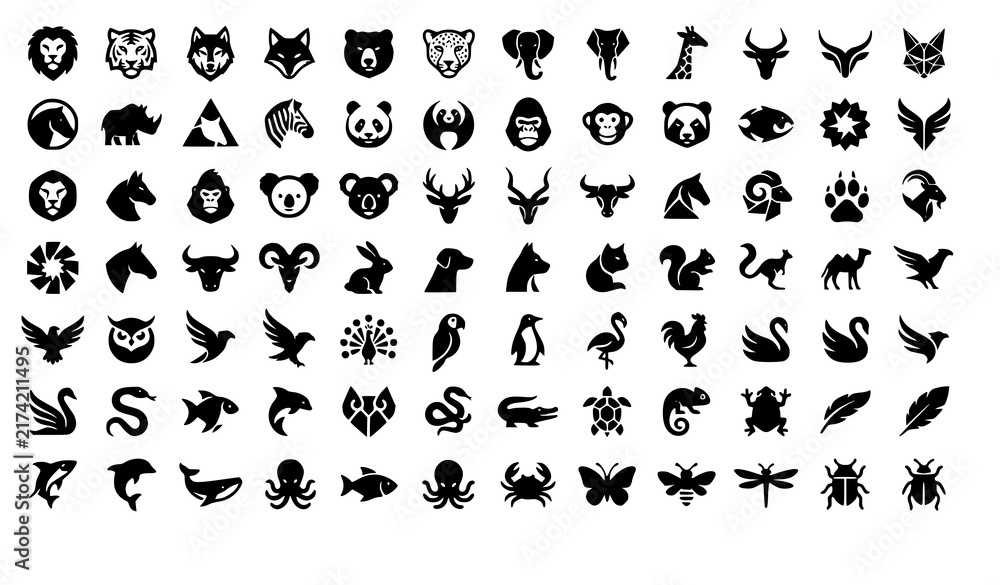 Obraz premium 80 minimalist geometric animal logo icons with abstract wildlife symbols for modern branding and vector design