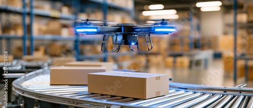 Autonomous Delivery Drone in Warehouse: A futuristic drone with glowing blue lights navigates a busy warehouse, hovering over a conveyor belt carrying cardboard packages.