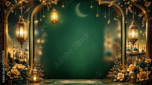 Elegant Eid Mubarak Celebration Template with Emerald Green and Gold Islamic Arch, Glowing Lanterns, Crescent Moon and Floral Border