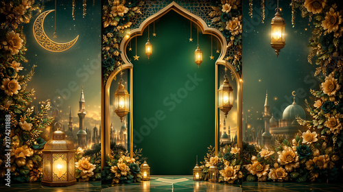Elegant Eid Mubarak Celebration Template with Emerald Green and Gold Islamic Arch, Glowing Lanterns, Crescent Moon and Floral Border