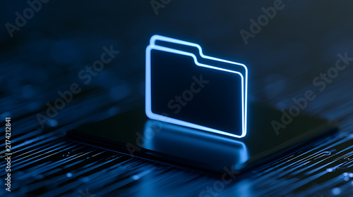 Glowing neon blue folder icon symbol on dark futuristic computer circuit board background  digital file management concept and data storage