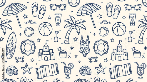 Tropical Summer Seamless Pattern with Palm Trees, Beach Umbrellas, Sunglasses, Flip Flops, Surfboards and Beach Accessories