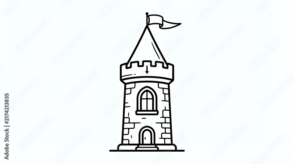 Fototapeta premium A simple black and white line art illustration of a medieval stone castle tower with a flag on top