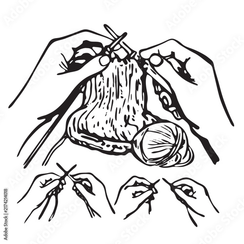 Hand drawn line art illustration of human hands knitting wool yarn with needles for handmade craft lifestyle and hobby projects.